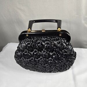 Vintage 60s Black Woven Raffia Lucite Handle Handbag Italy MCM Rockabilly Purse